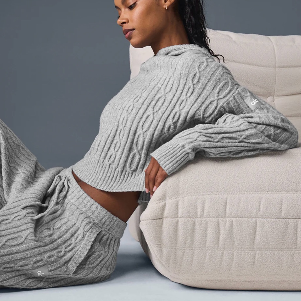 Alo Yoga Gray Cable Knit Hoodie Sweater And Skirt Set